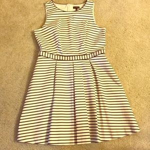 Pleated navy and white striped dress